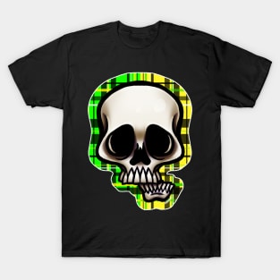 Yellow and Green Split Plaid Skull T-Shirt